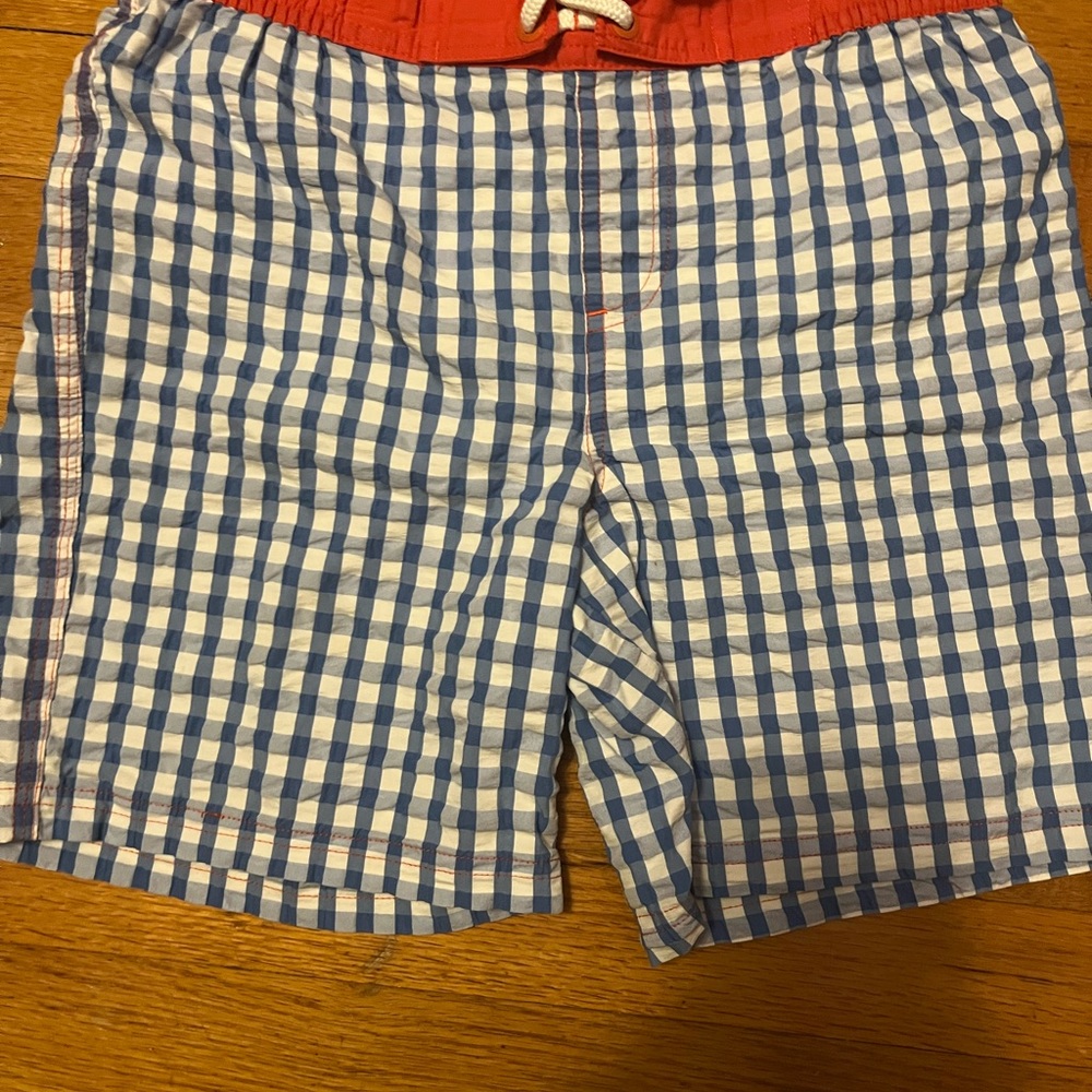 Mini Boden Blue and White Swim Trunks with Gingham Pattern